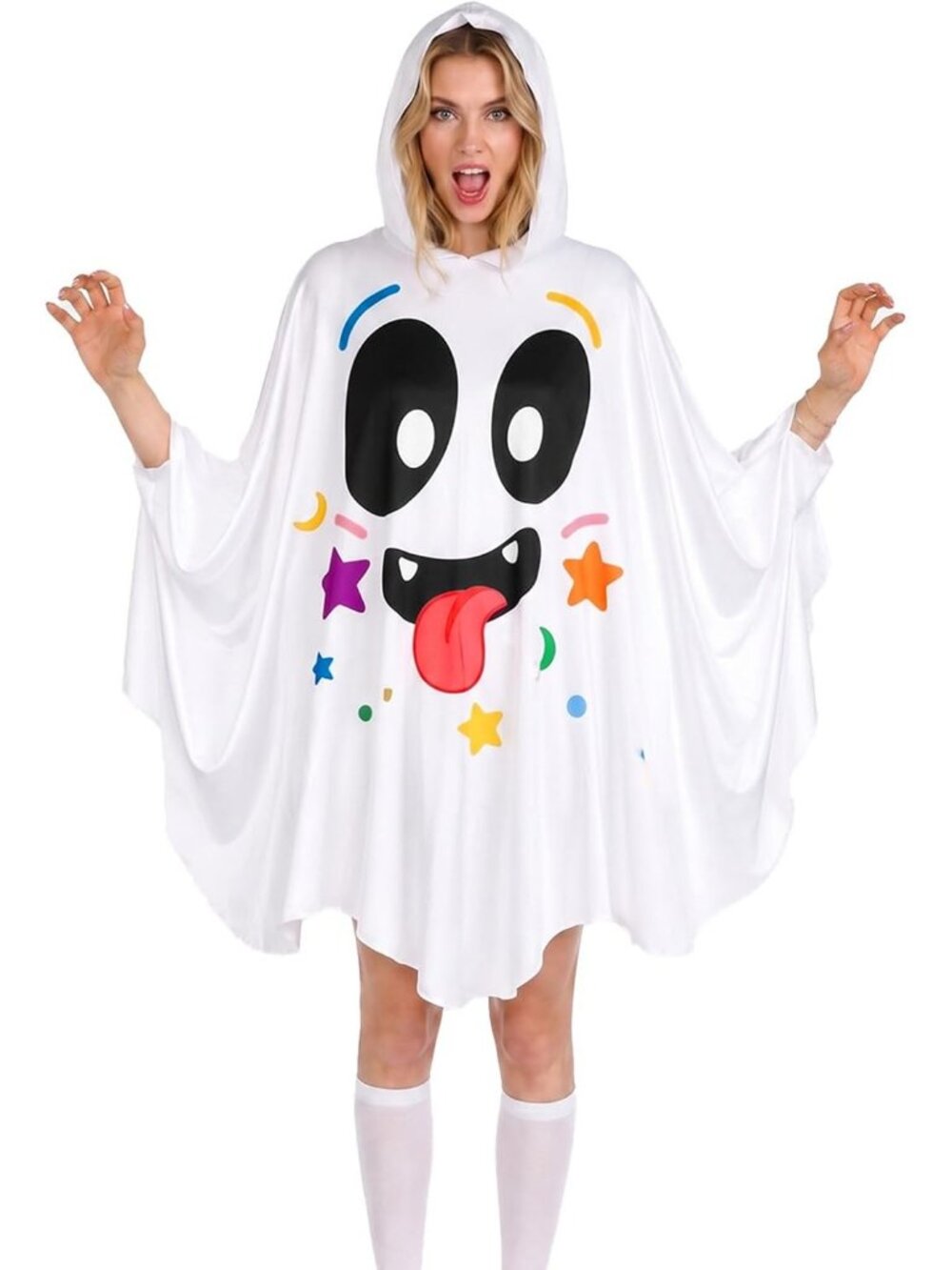 Women's White Hooded Ghost Poncho Halloween Costume Spooky Ghost Outfit-colorful